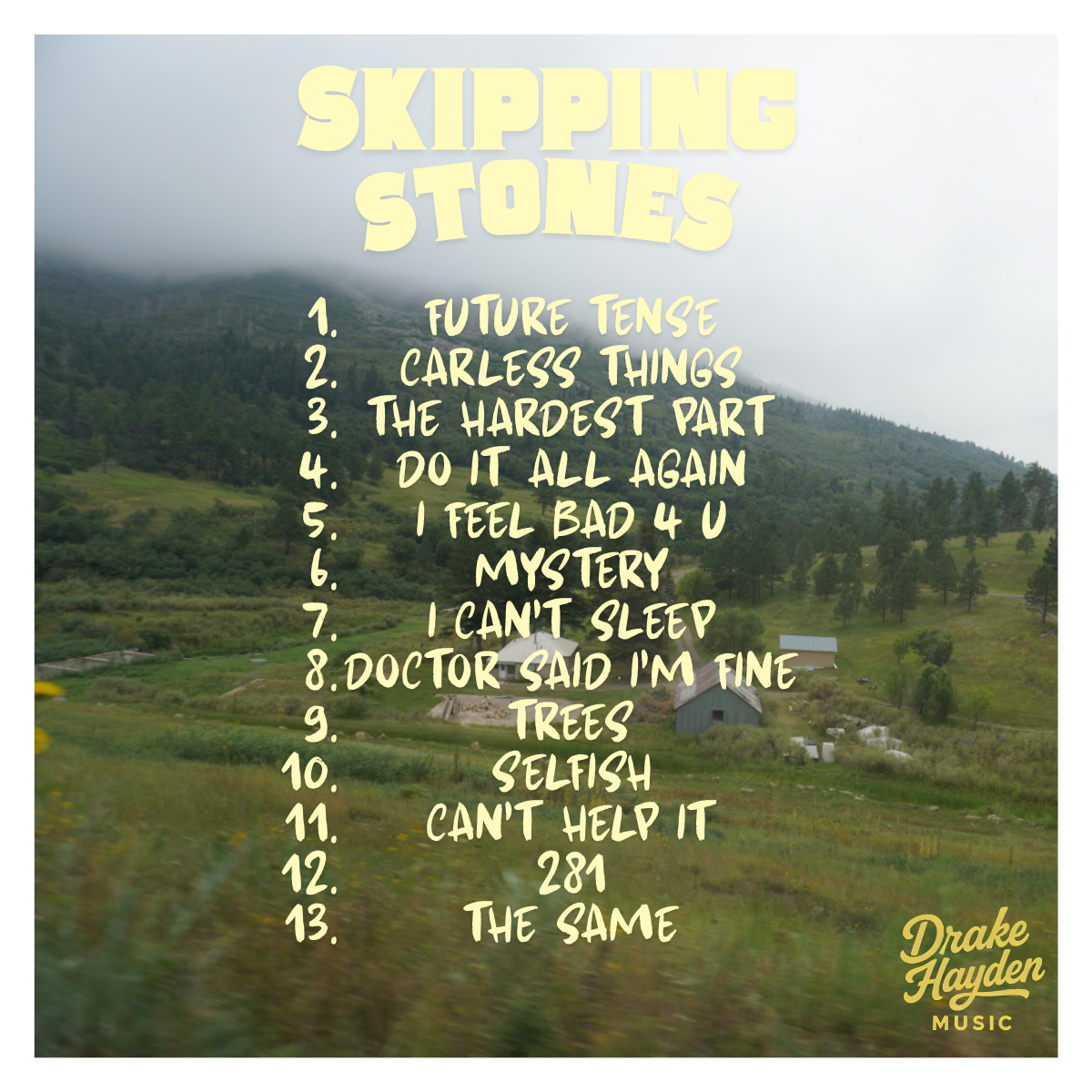 Skipping Stones back cover with tracklist over a blurred landscape